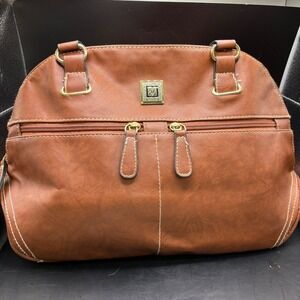 Brown Faux Leather Shoulder Bag Top Handle Satchel Zipper Closure Stone Mountain